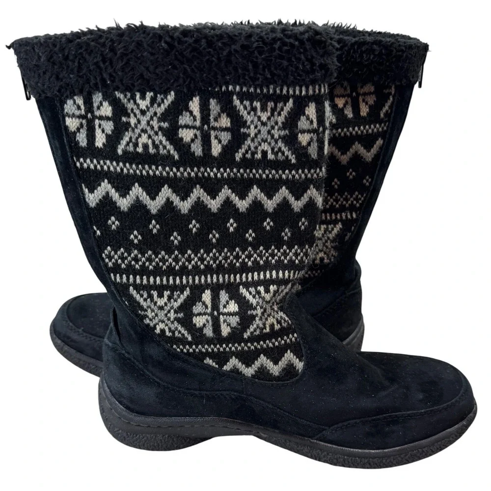 Propet Snow Boots‎ Size 7N Women's Black Suede Leather Fair Isle Knit Winter